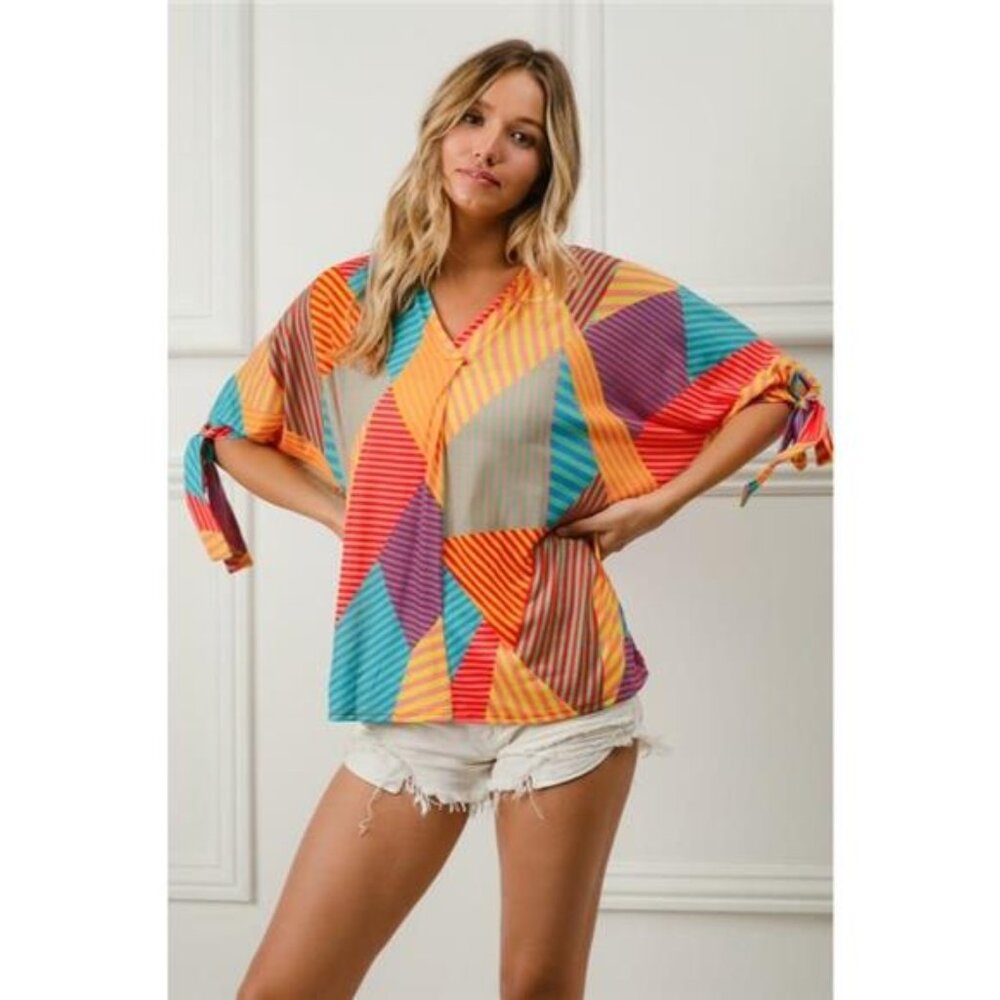 ✨NWT BiBi Multi Stripe Block Printed Jersey Blouse with Tied Sleeves
